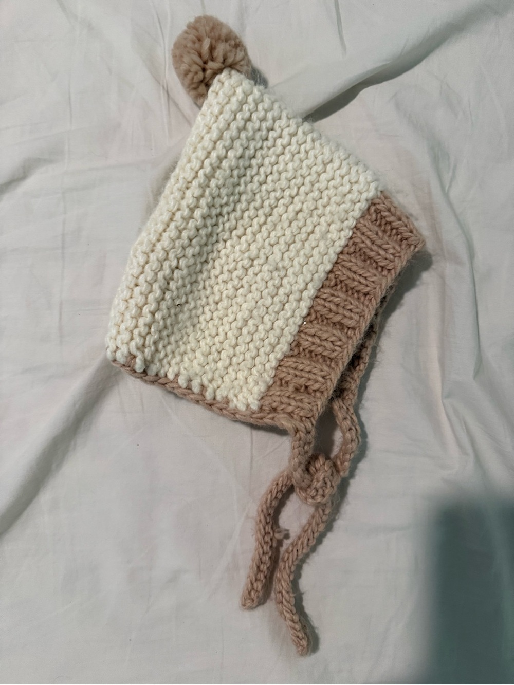 Kids Cream and pink Knit Pom Hat with Ear Ties